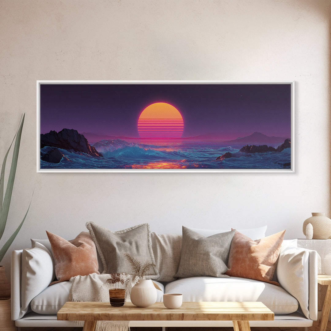 Neon Synthwave Sunset Over Alien Ocean Canvas Print, Retro Futuristic Wall Art, Vaporwave Coastal Bedroom Living Room Decor