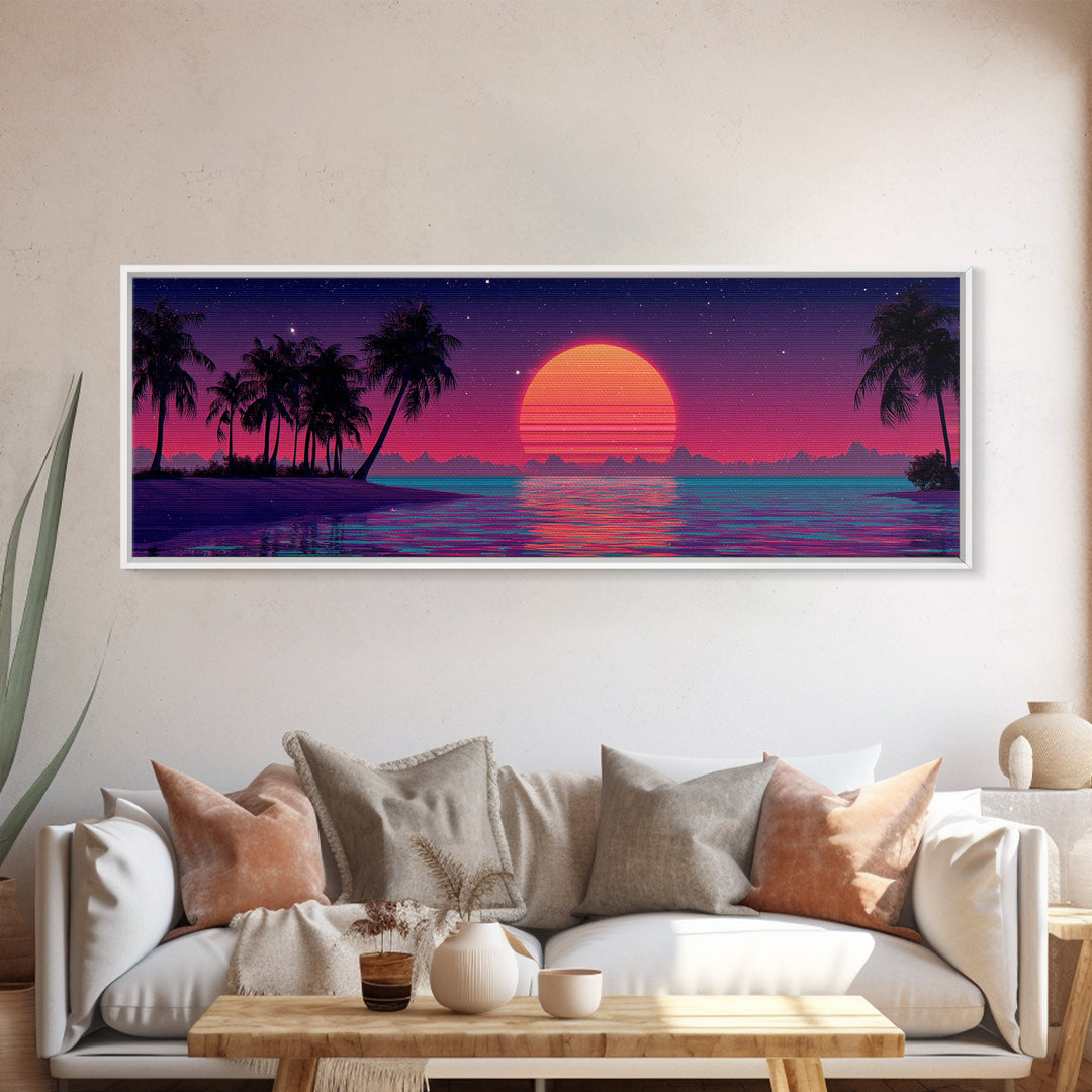 Neon Tropical Sunset With Palm Trees Wall Art, Retro Coastal Canvas Print, Beach House Decor, Large Panoramic Artwork For Living Room Decor