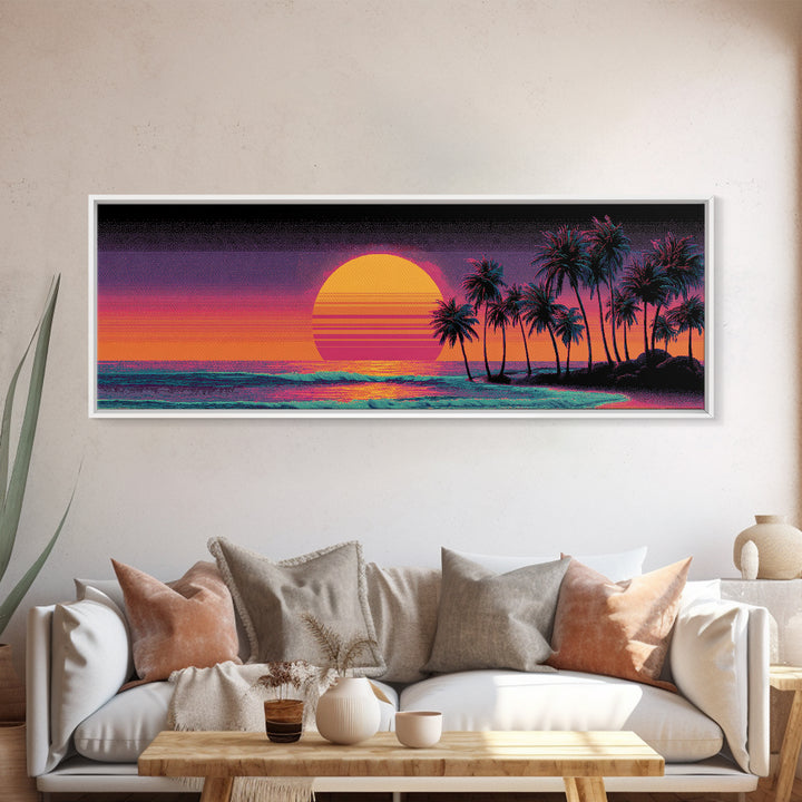 Vaporwave Palm Beach Sunset Wall Art, Retro Tropical Ocean Print, Neon Coastal Decor, Long Horizontal Canvas Print Poster