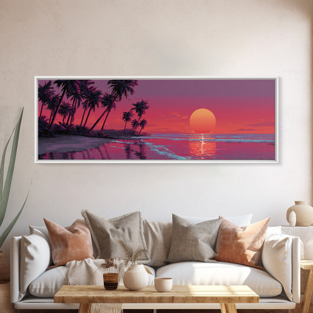 Tropical Palm Beach Sunset Wall Art, Pink Ocean Landscape, Coastal Canvas Decor, Large Horizontal Beach House Living Room Print
