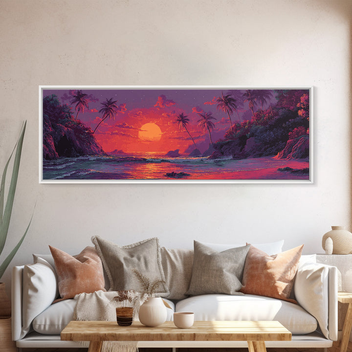 Vibrant Tropical Sunset Wall Art, Neon Palm Beach Seascape, Colorful Coastal Canvas Print, Island Living Room Home Decor Gift