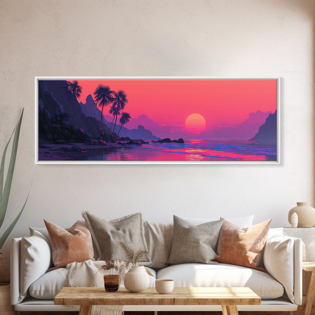 Magenta Tropical Cove Sunset Wall Art, Palm Island Ocean Landscape, Vaporwave Coastal Canvas Decor For Modern Living Room