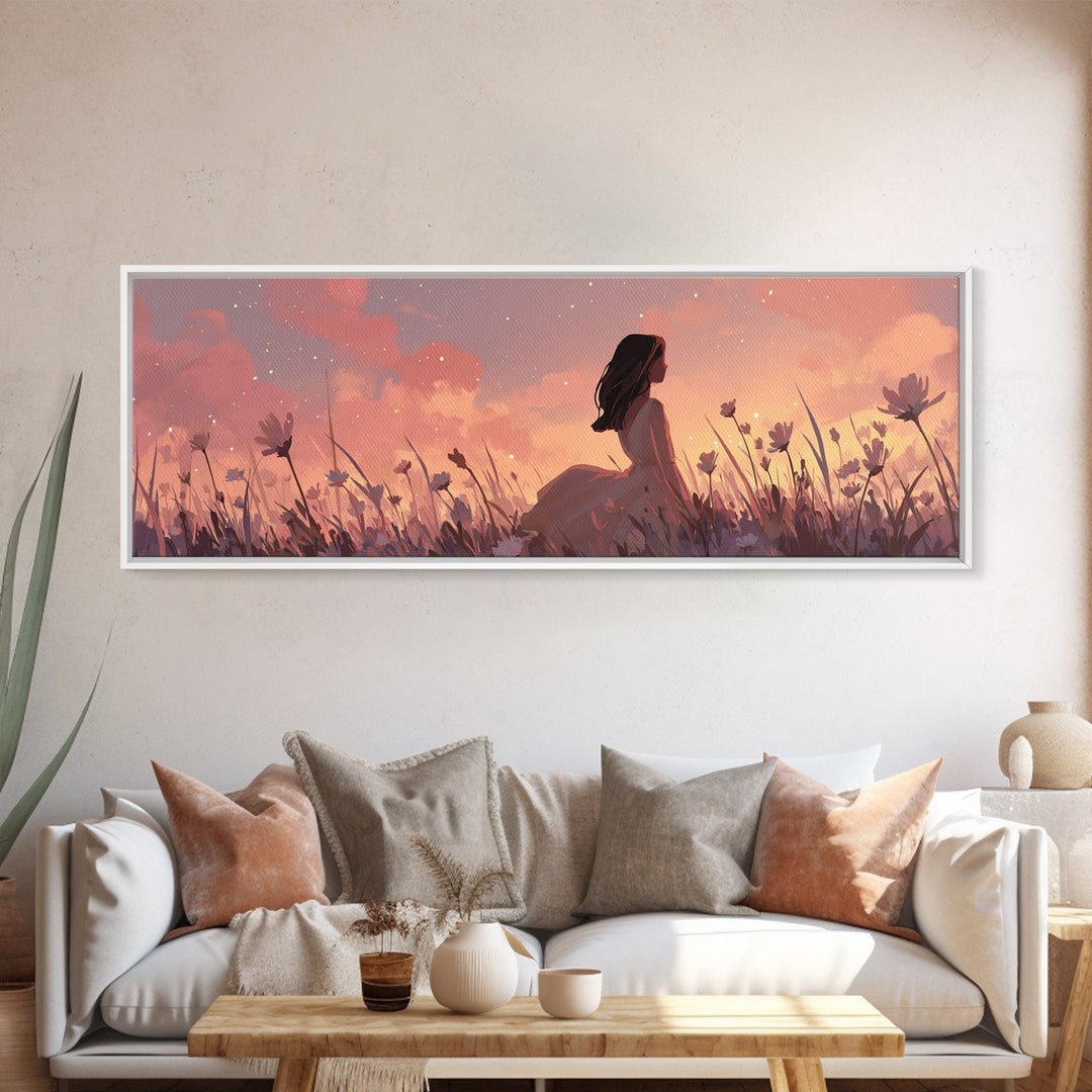 Sunset Girl In Wildflower Meadow Wall Art, Dreamy Feminine Landscape Print, Boho Bedroom Decor, Romantic Canvas Gift For Her