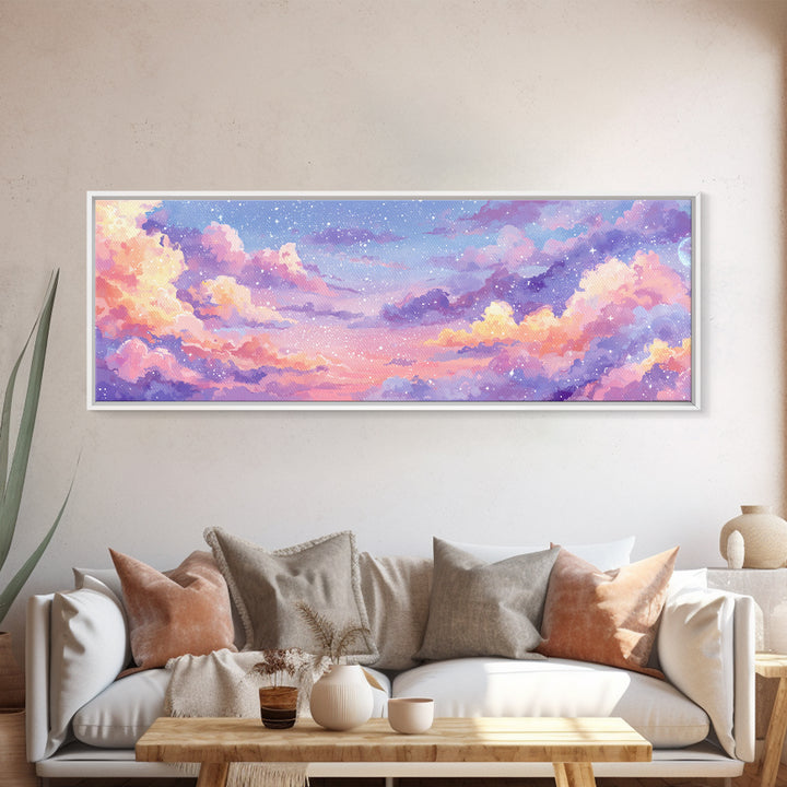 Pastel Starry Cloudscape Sunset Wall Art, Dreamy Sky Canvas Print, Whimsical Nursery Decor, Soft Aesthetic Bedroom Print