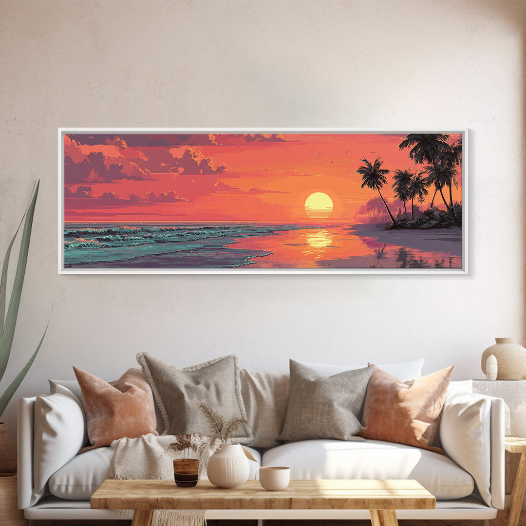 Pink Tropical Beach Sunset With Palm Trees Wall Art, Coastal Canvas Print, Ocean Decor, Summer Beach House Wall Decor, Living Room Art