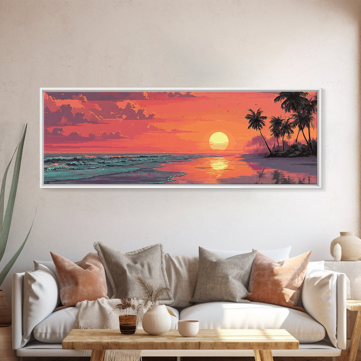 Pink Tropical Beach Sunset With Palm Trees Wall Art, Coastal Canvas Print, Ocean Decor, Summer Beach House Wall Decor, Living Room Art