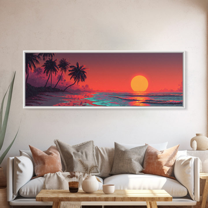 Tropical Palm Beach Sunset Wall Art, Ocean Canvas Print, Coastal Decor, Beach House Decor, Vibrant Living Room Art, Large Horizontal Art
