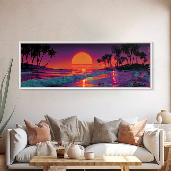 Tropical Sunset Beach With Palms And Waves, Coastal Wall Art, Retro Vaporwave Canvas Print, Beach House Decor, Large Wall Art