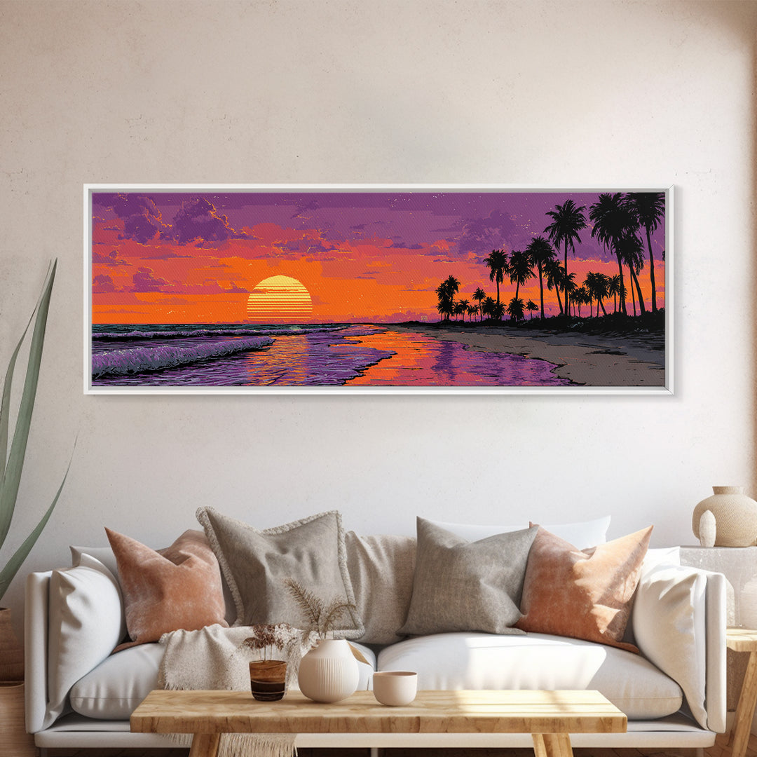 Pixel Tropical Beach Sunset With Palms Wall Art, Retro Coastal Canvas Print, Beach House Decor, Summer Travel Poster Gift