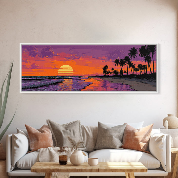 Pixel Tropical Beach Sunset With Palms Wall Art, Retro Coastal Canvas Print, Beach House Decor, Summer Travel Poster Gift