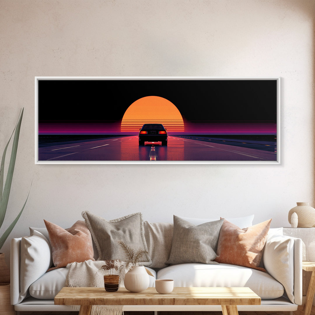 Retro Car Driving Into Striped Sunset, Synthwave Canvas Print, Vaporwave Wall Art, Man Cave Decor, Gift For Him, Retro Poster