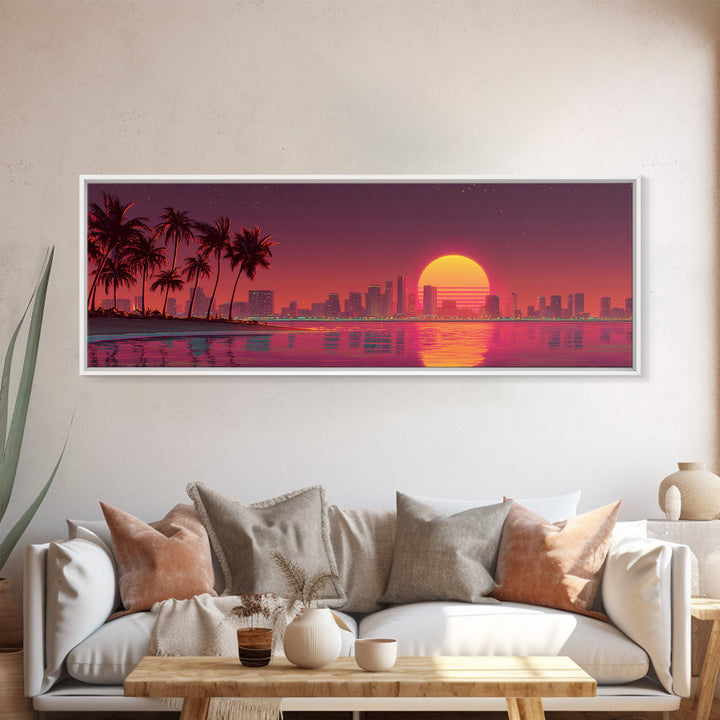 Retro Sunset City Skyline With Palm Trees Canvas Print, Synthwave Wall Art, Coastal Decor, Vaporwave Living Room Wall Decor