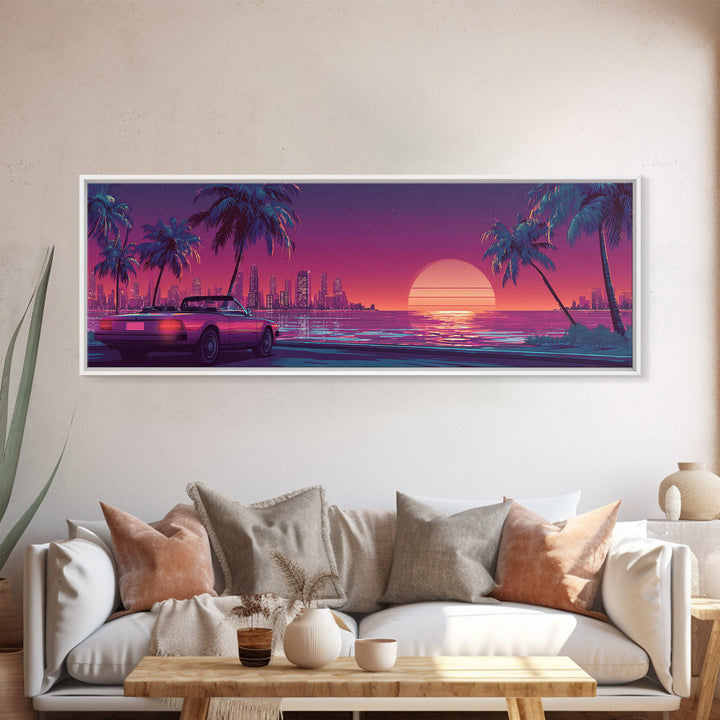 Neon Retro Sports Car On Palm Coast Canvas Print, Vaporwave City Wall Art, Synthwave Decor, Gift For Him, Man Cave Decor