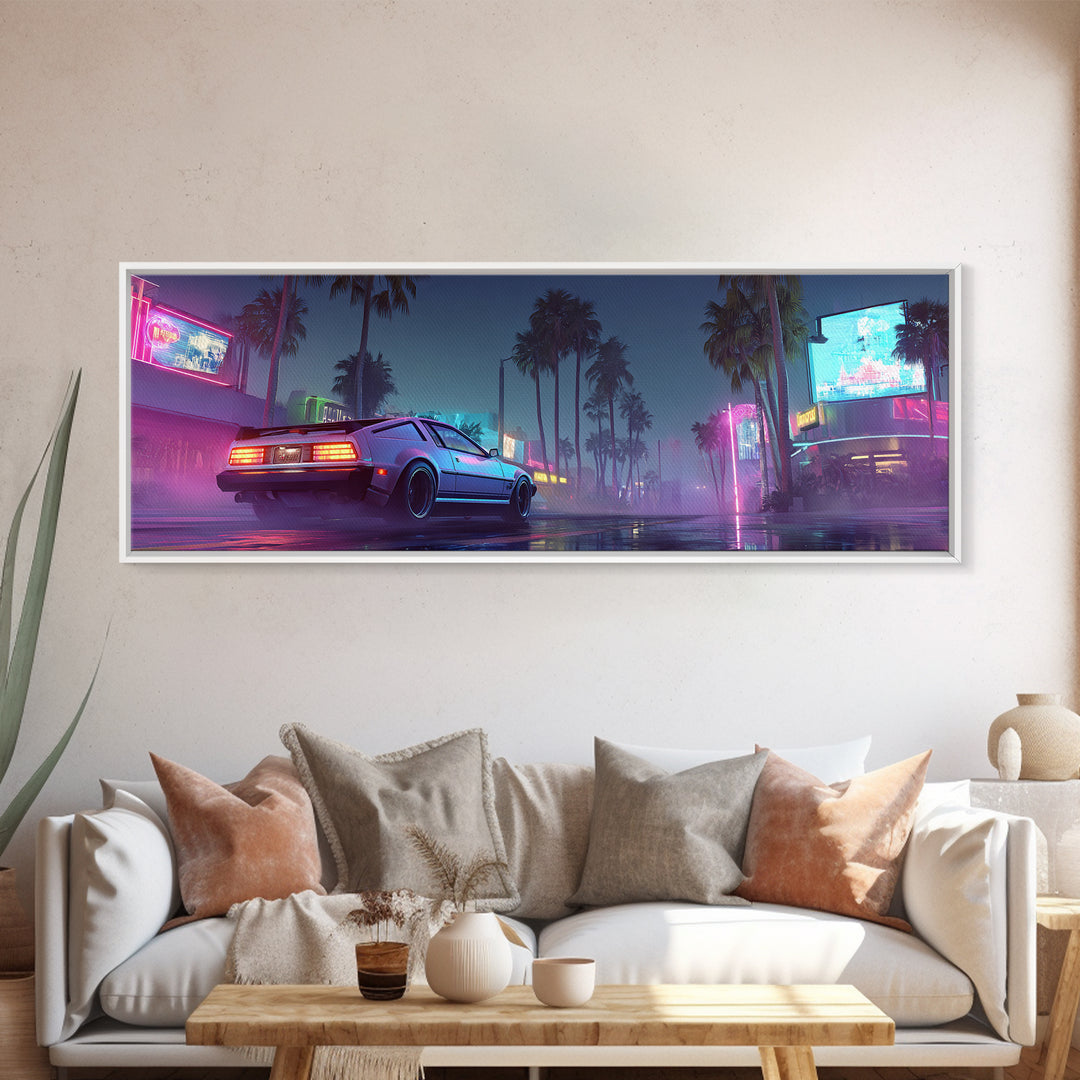 Neon Cyberpunk Sports Car Canvas Print, Futuristic Neon City Wall Art, Synthwave Gaming Room Decor, Vaporwave Gift For Him