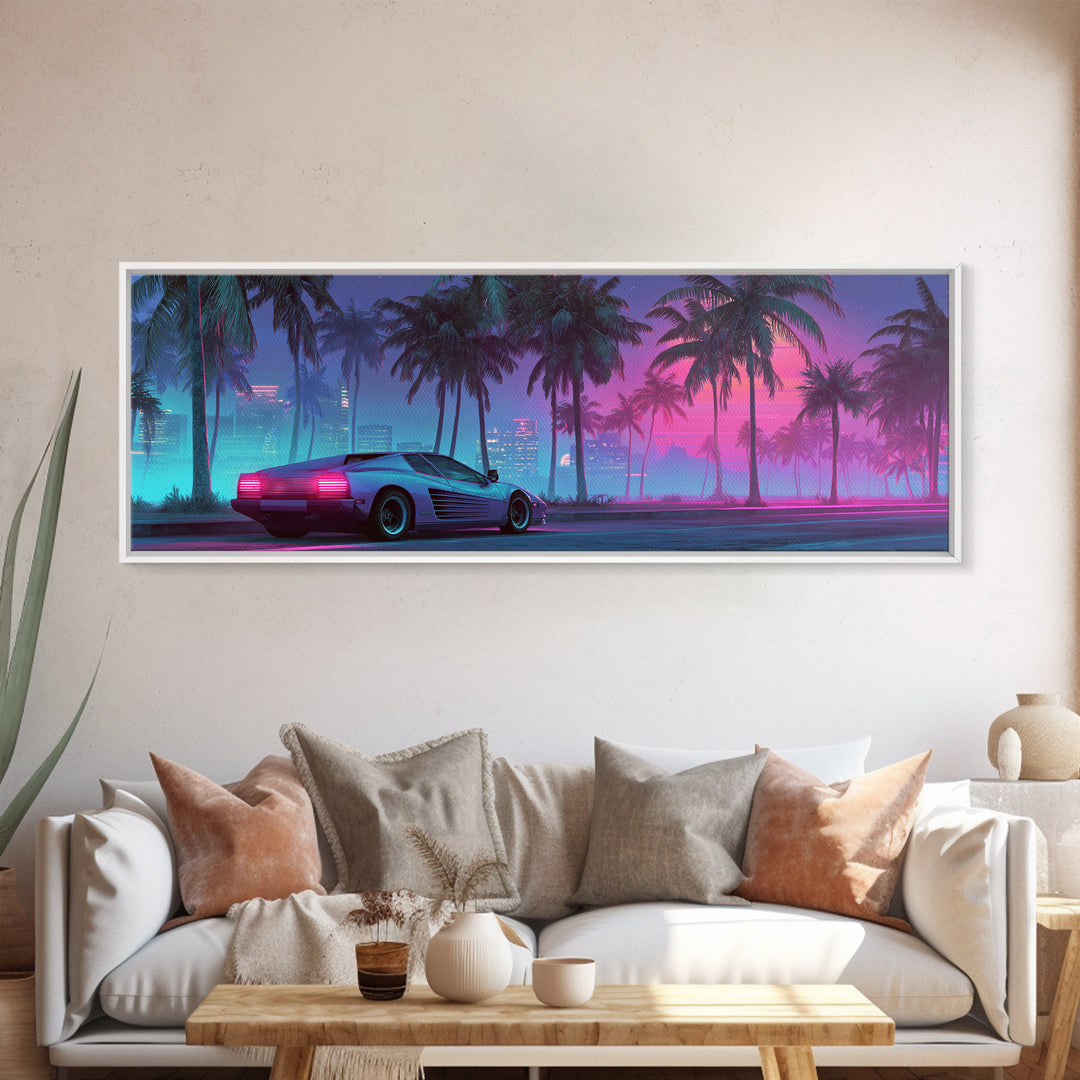 Neon Sports Car Under Palm Trees Wall Art, Cyberpunk Cityscape Canvas, Retro Futurism Decor, Gaming Room Wall Decor, Home Decor