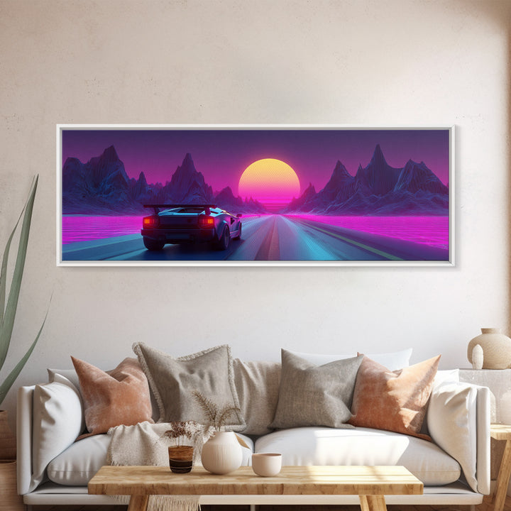 Neon Sports Car On Synthwave Highway Canvas Print, Retro Futuristic Wall Art, Cyberpunk Decor, Vaporwave Gaming Room Art