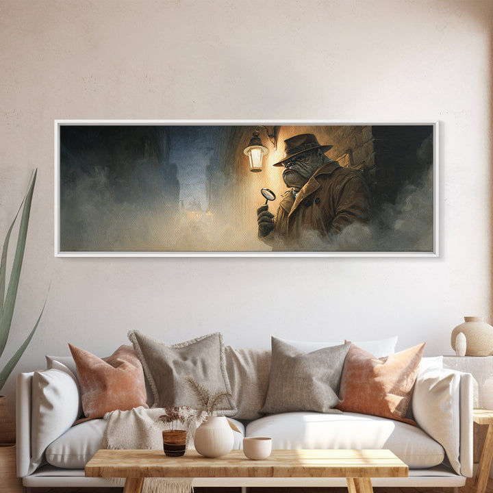 Noir Frog Detective In Foggy Alley Framed Canvas Print, Dark Academia Wall Art, Whimsical Animal Office Decor Gift For Him