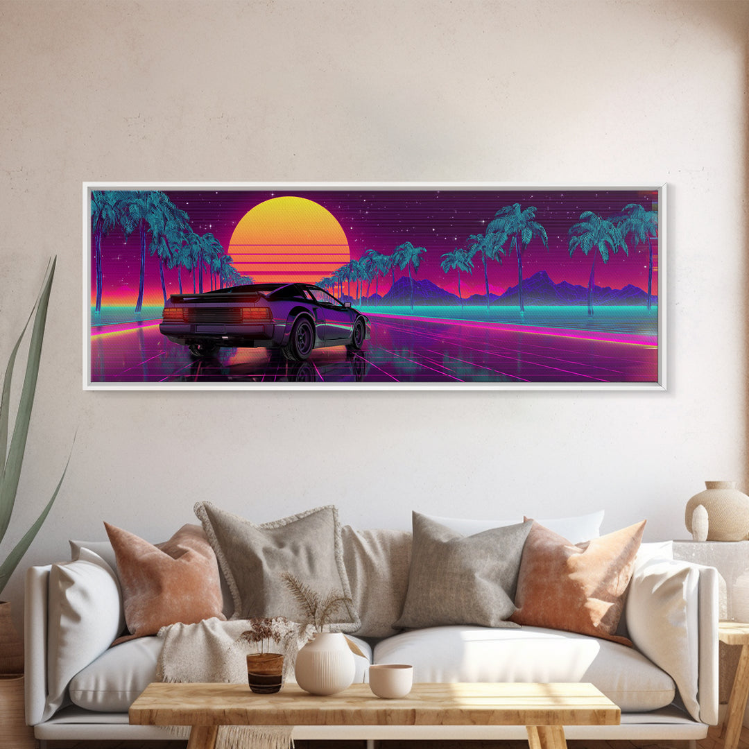Vaporwave Sports Car Under Neon Palms Canvas Print, Retro Futuristic Wall Art, 80s Synthwave Decor, Gamer Room Poster, Modern Wall Decor