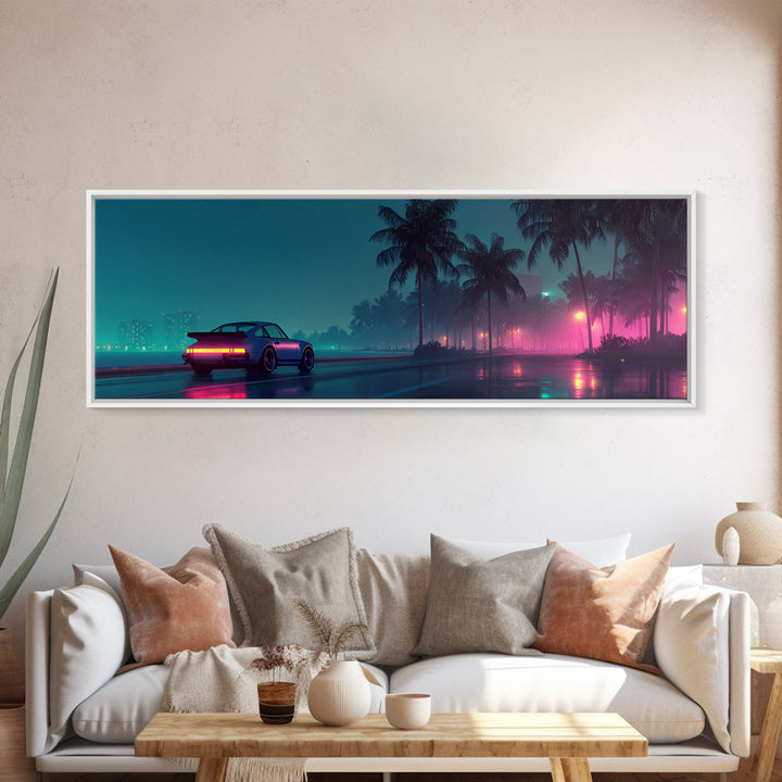 Neon Cyberpunk Sports Car Wall Art, Rainy Palm City Canvas Print, Futuristic Vaporwave Decor, Modern Gaming Room Gift For Him