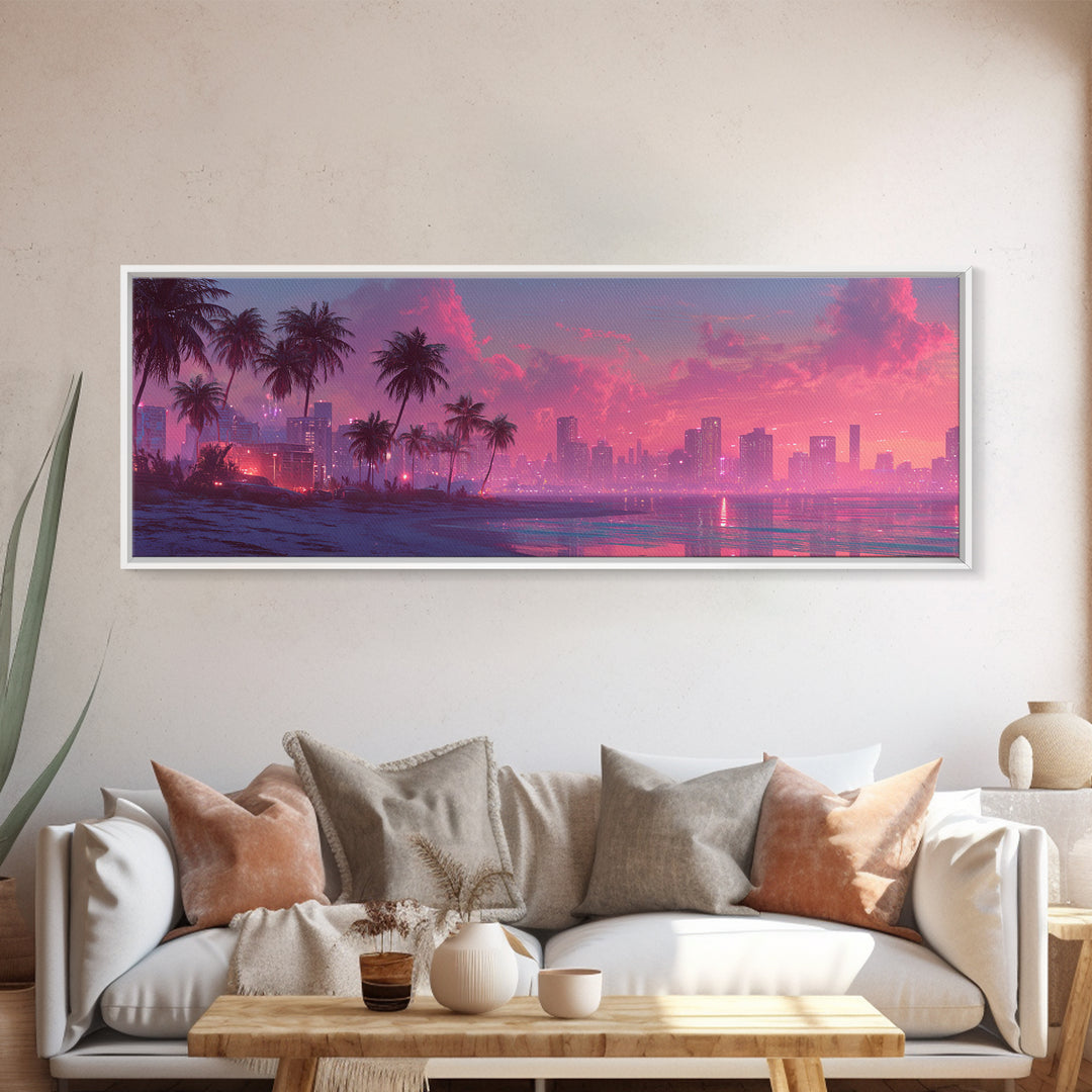 Pink Coastal City Beach Wall Art, Palm Skyline Canvas Print, Tropical Ocean Decor, Miami Style Poster, Modern Living Room Decor