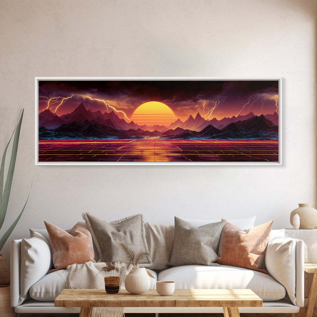 Neon Storm Mountains With Grid Sunset Wall Art, Retro Futuristic Canvas Print, Lightning Landscape For Gaming Room Decor