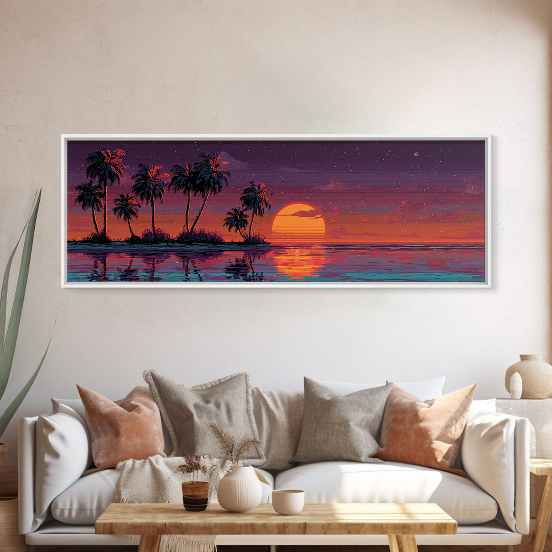 Pixel Tropical Island Wall Art, Sunset Palm Trees Over Ocean, Vibrant Retro Coastal Decor, Beach House Panoramic Canvas Print