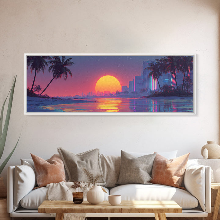 Retro Tropical Sunset Beach Wall Art, Neon Coastal Cityscape Canvas Print, Palm Tree Decor, Vaporwave Modern Bedroom Poster