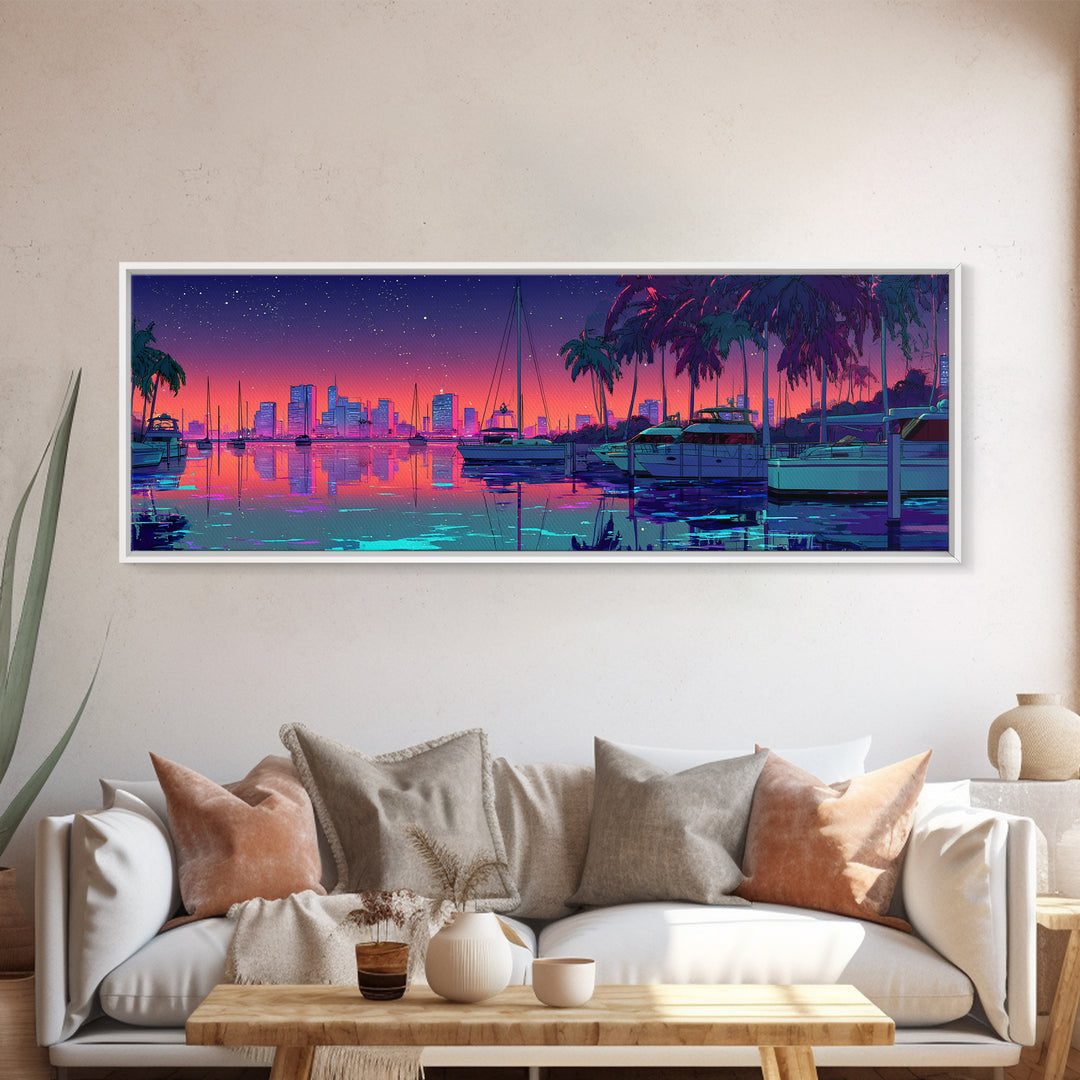 Neon Marina Skyline With Palm Trees Framed Canvas Print, Coastal City Wall Art, Miami Beach House Decor, Tropical Travel Poster