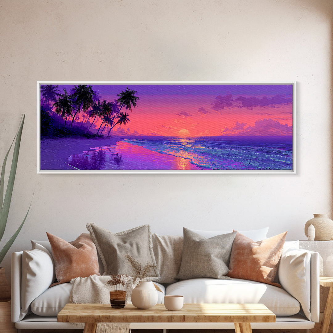 Purple Tropical Beach Sunset Canvas Print, Coastal Wall Art, Palm Tree Ocean Decor, Beach House Decor, Summer Bedroom Art