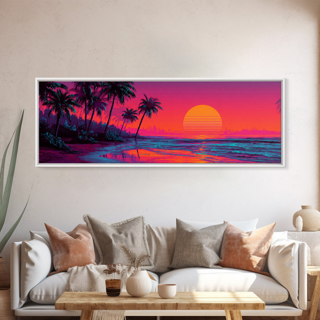 Synthwave Palm Beach Sunset Wall Art, Retro Tropical Ocean Canvas Print, Neon Coastal Decor, Colorful Summer Room Poster