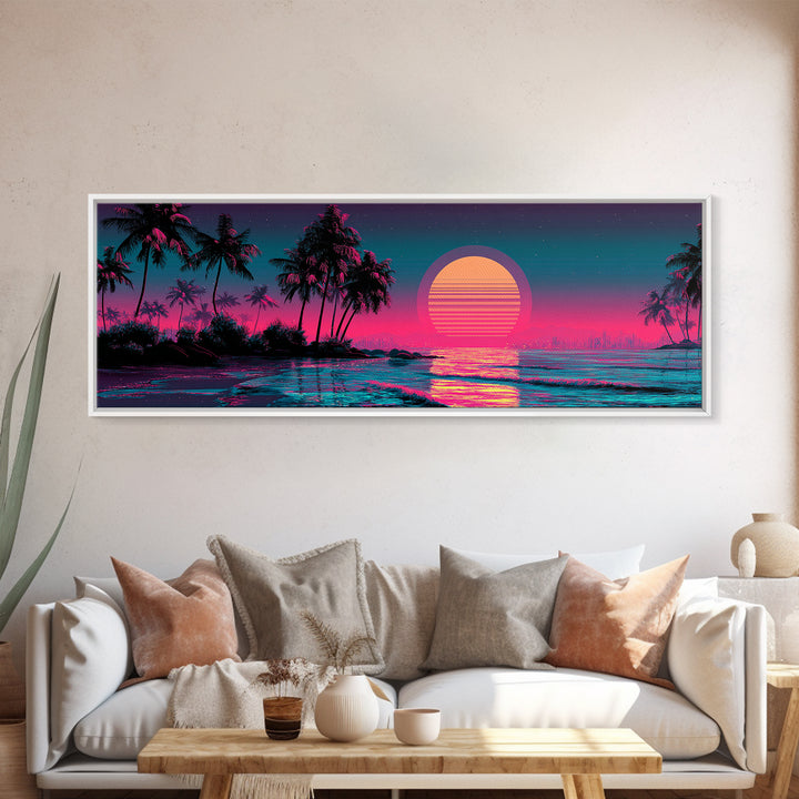 Neon Tropical Palm Sunset Canvas Print, Synthwave Beach Wall Art, Vaporwave Poster, Coastal Decor, Pink Blue Room Decor, Trendy Wall Decor