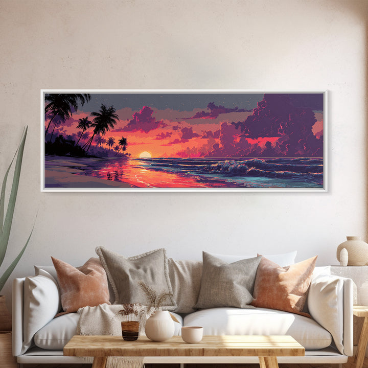 Tropical Palm Beach Sunset Wall Art, Coastal Home Decor, Ocean Wave Print, Beach House Canvas, Summer Living Room Decor Gift