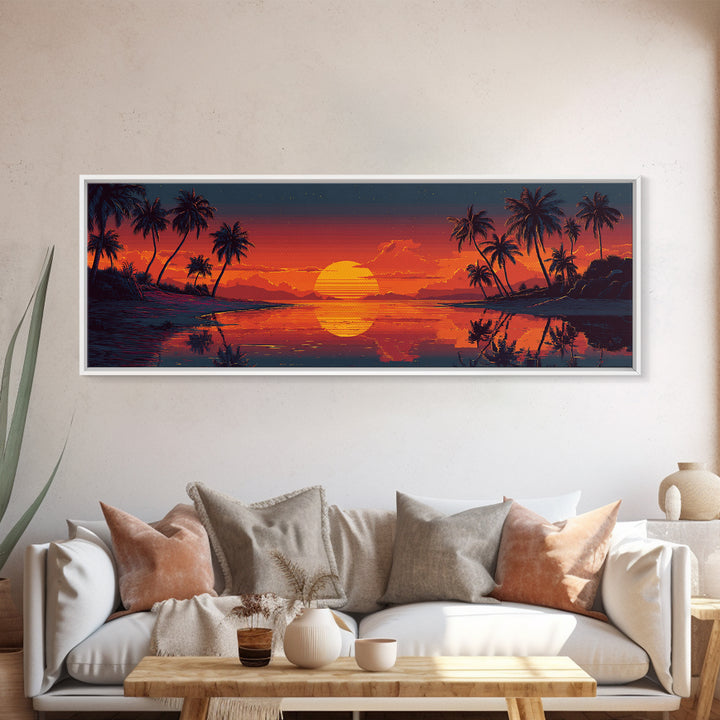 Retro Tropical Sunset Lagoon Wall Art, Pixel Beach Canvas Print, Palm Tree Decor, Coastal Wall Art, Vibrant Wall Decor, Home Decor