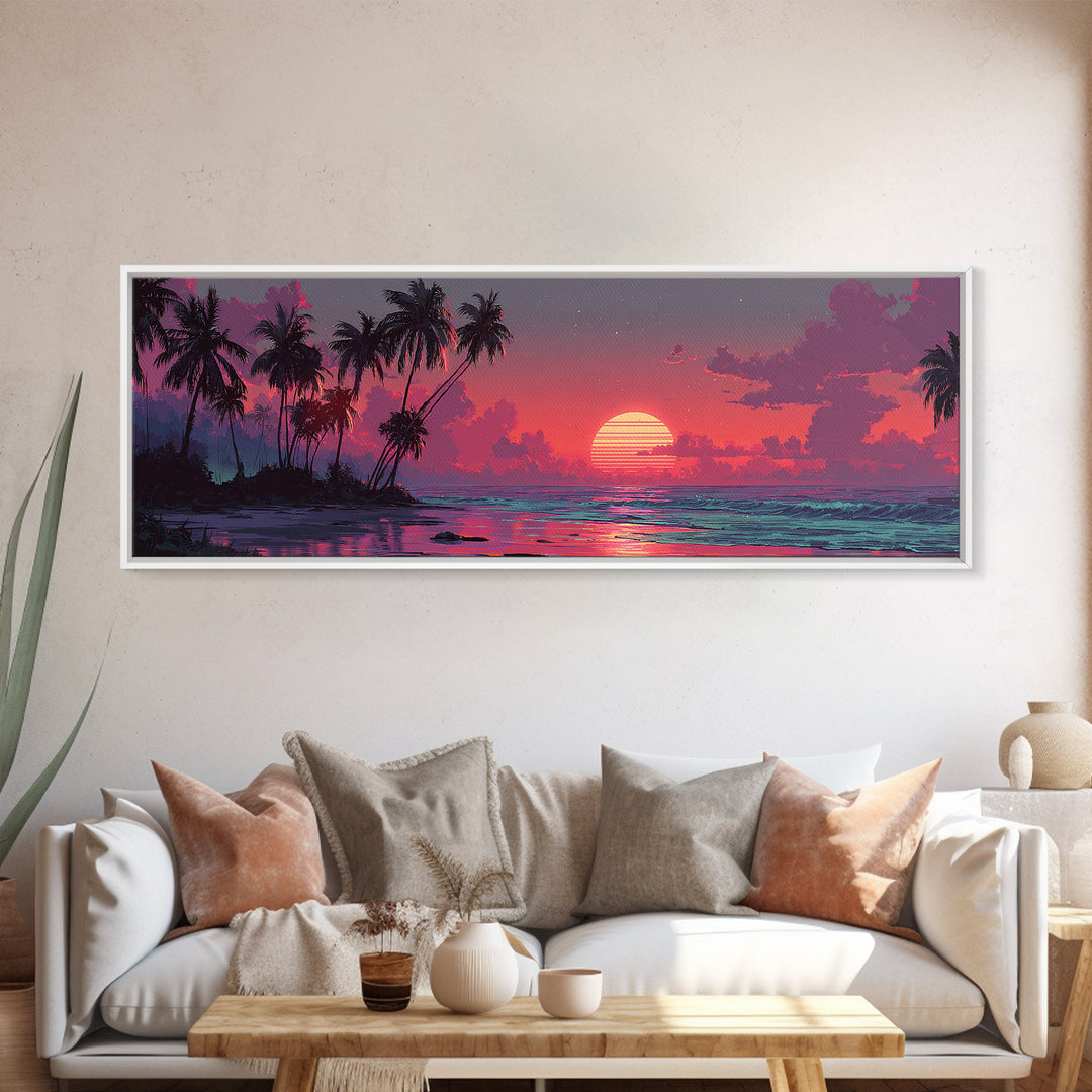 Tropical Island Sunset Canvas Print, Retro Beach Wall Art, Palm Tree Ocean Decor, Modern Coastal Bedroom Poster, Summer Vibes