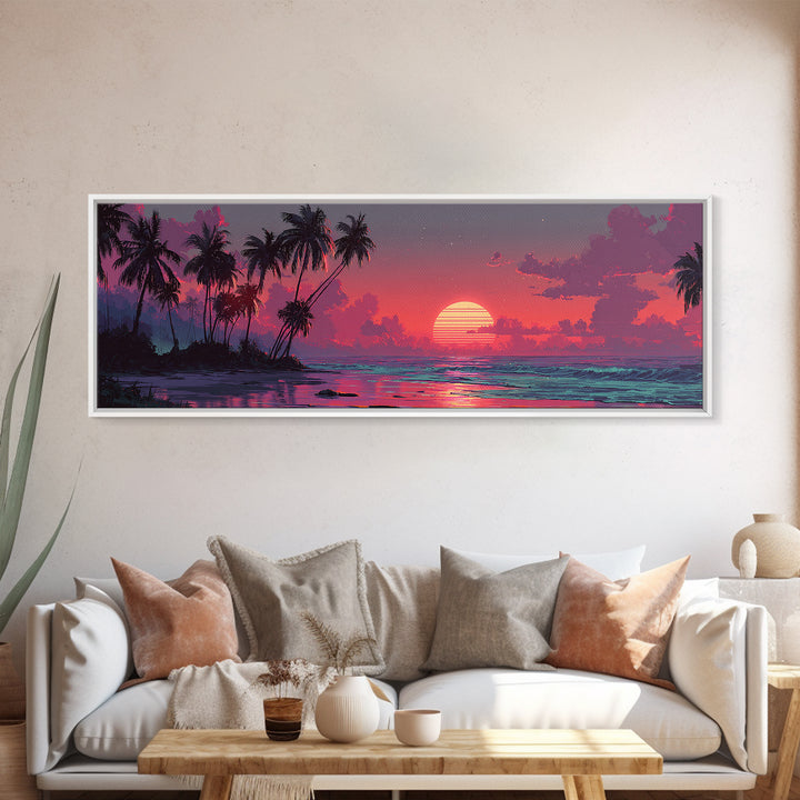 Tropical Island Sunset Canvas Print, Retro Beach Wall Art, Palm Tree Ocean Decor, Modern Coastal Bedroom Poster, Summer Vibes
