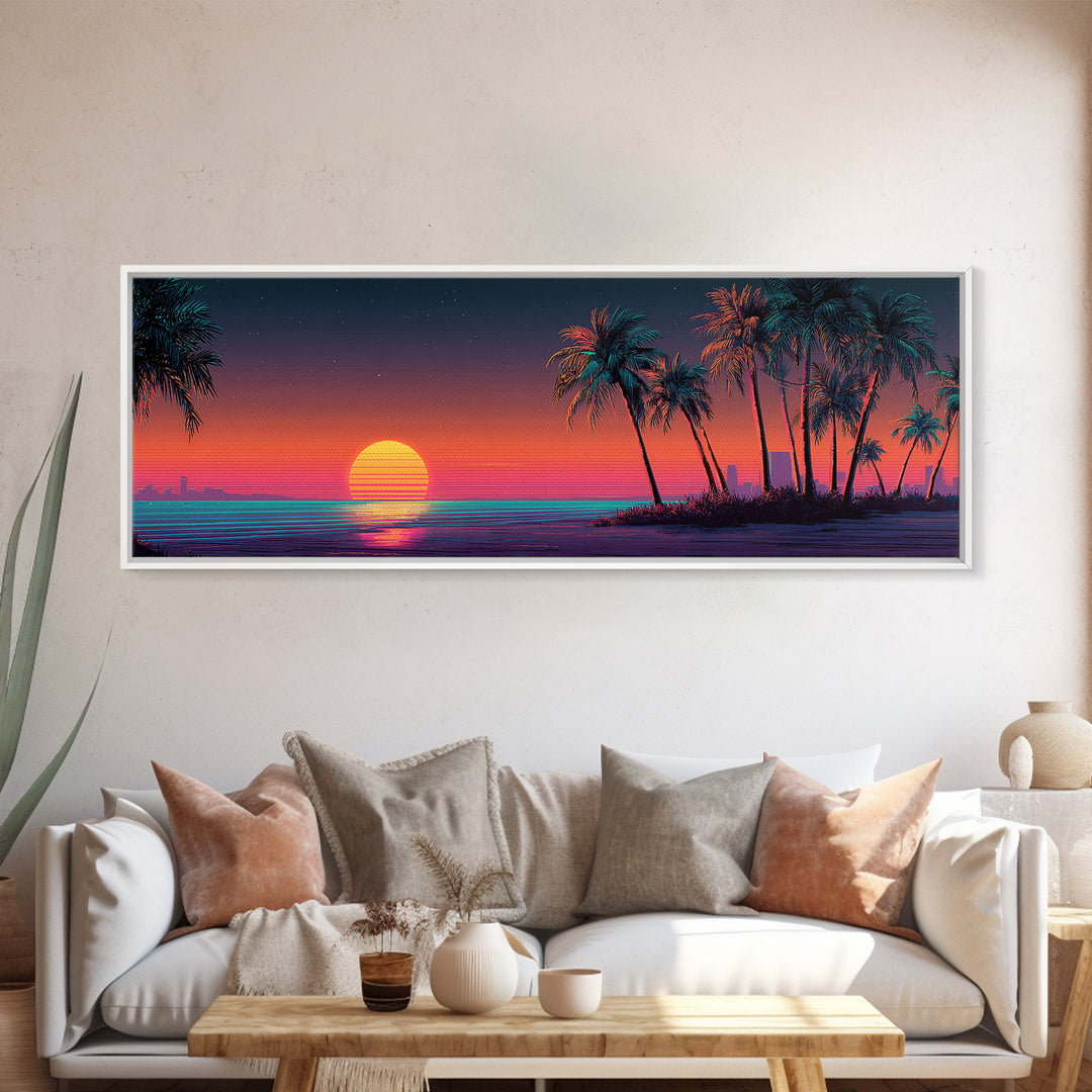Retro Neon Beach Sunset With Palm Trees Wall Art, Synthwave Coastal Canvas Print, Tropical Ocean Decor, Large Panoramic Living Room Art