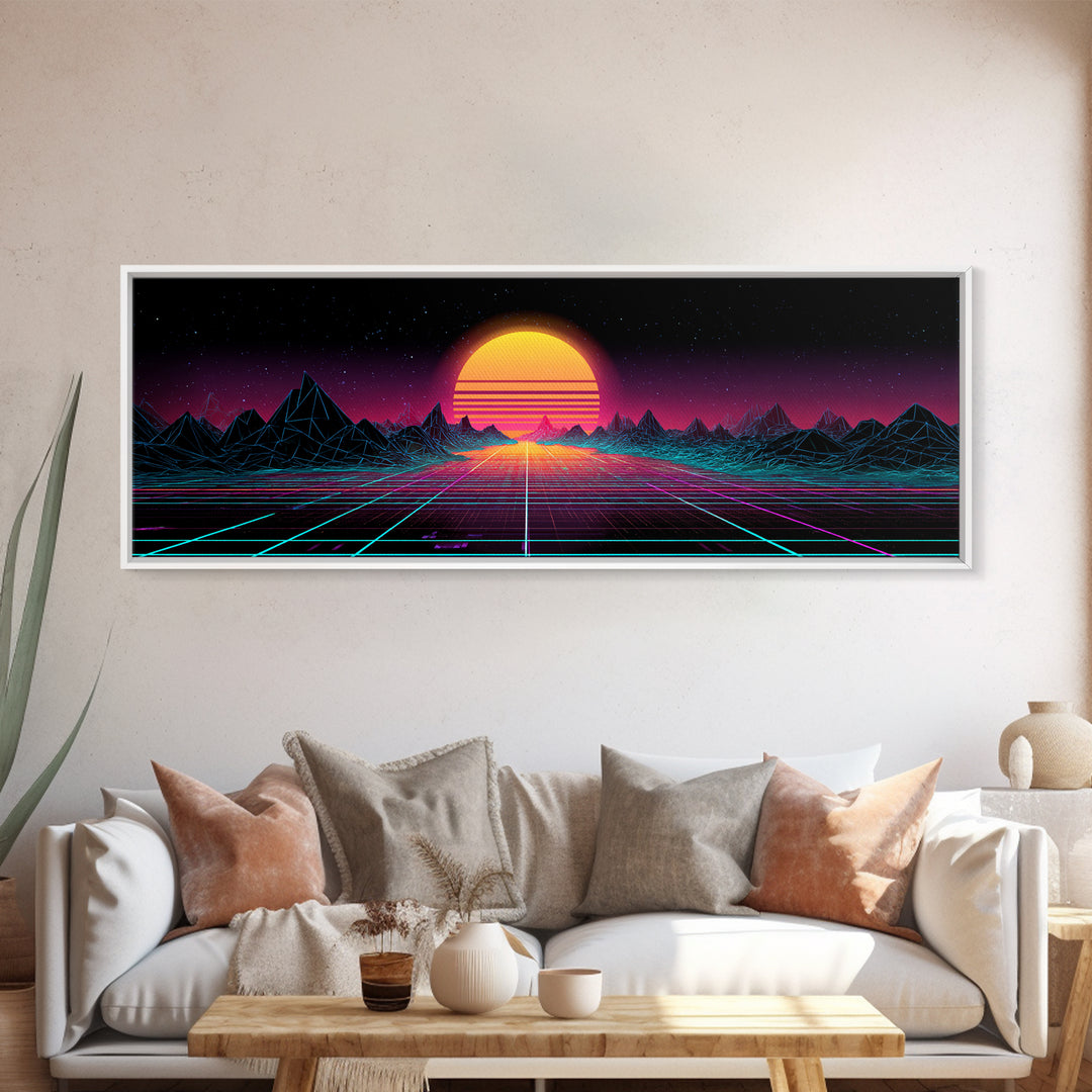 Retro Synthwave Sunset Mountain Wall Art, Vaporwave Canvas Print For Gaming Room Decor, Neon 80s Poster And Dorm Decor Gift