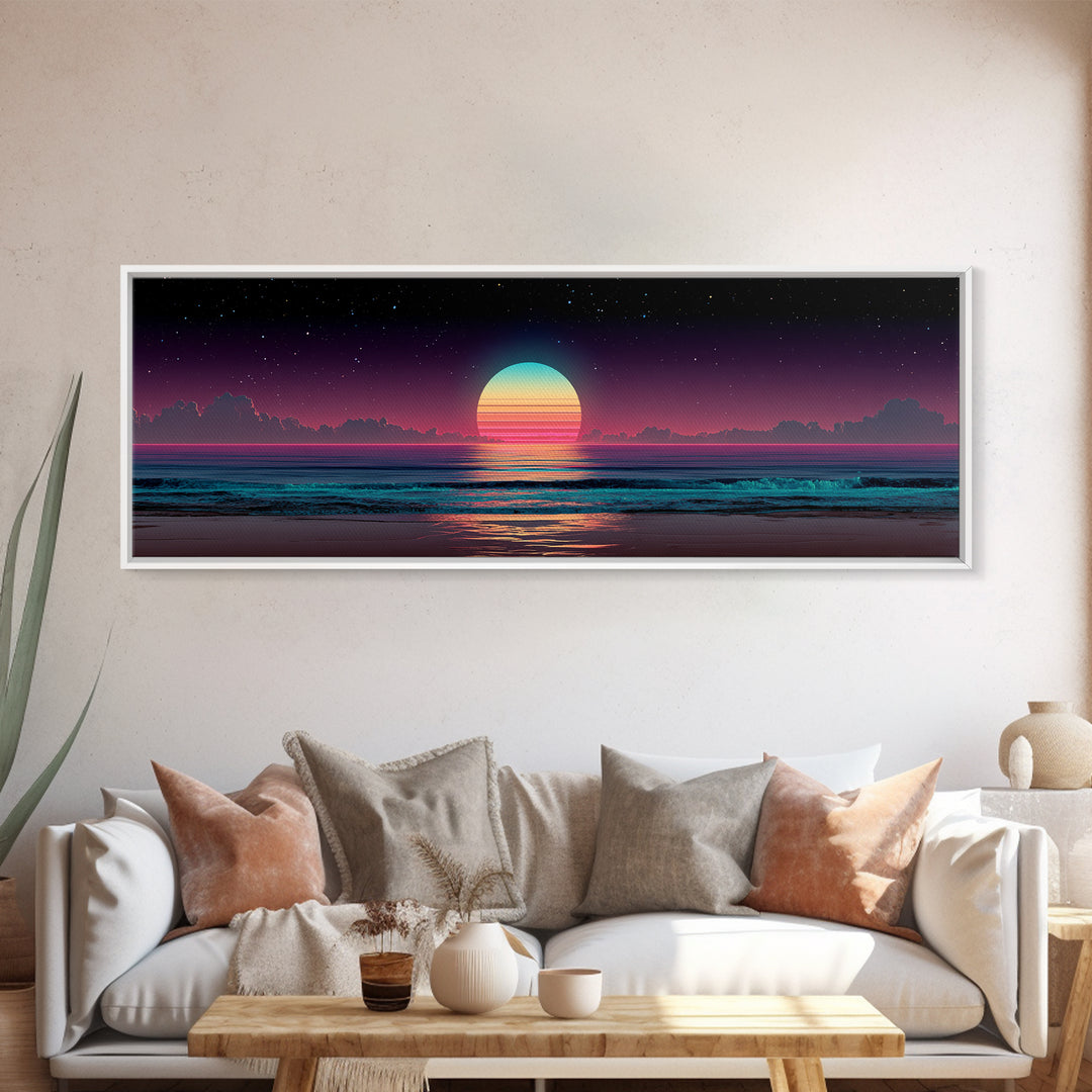 Retro Cosmic Ocean Sunset Canvas Print, Neon Beach Wall Art, Synthwave Seascape, Coastal Decor, Bedroom Poster, Home Decor