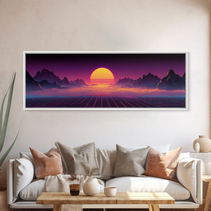 Neon Retro Futuristic Sunset Wall Art, Synthwave Mountain Grid Canvas, Vaporwave Decor, Gaming Room Poster, 80s Art, Cyberpunk Gift