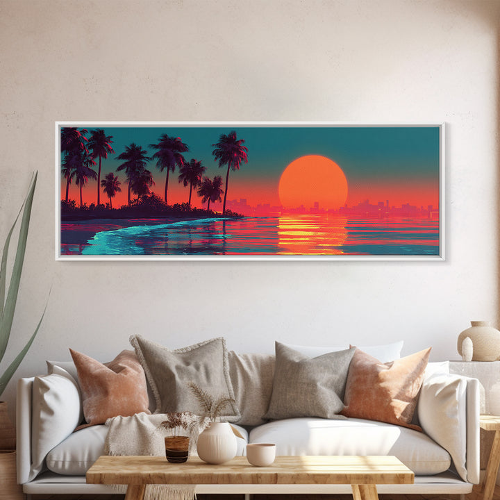 Retro Tropical Sunset Canvas Print, Palm Tree Beach Wall Art, Coastal Decor, Ocean Landscape, Summer Vibes, Large Wall Decor