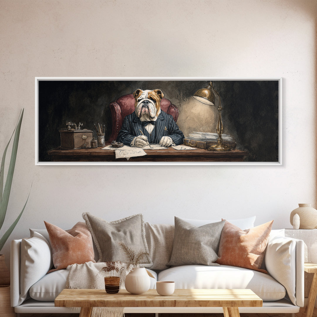 Bulldog Lawyer At Desk Framed Canvas Print, Moody Office Wall Art, Funny Animal Portrait For Law Office Decor Housewarming Gift
