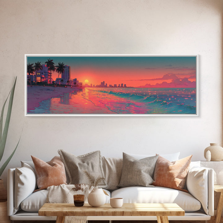 Pixel Art Beach Sunset And Neon Shoreline Wall Art, Miami Coastal Print, Retro Travel Poster, Ocean Decor For Living Room