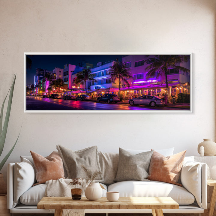 Neon Miami Beach Street Canvas Print, Art Deco Hotel Wall Art, Tropical Nightlife, Travel Poster, Cityscape Home Decor Print