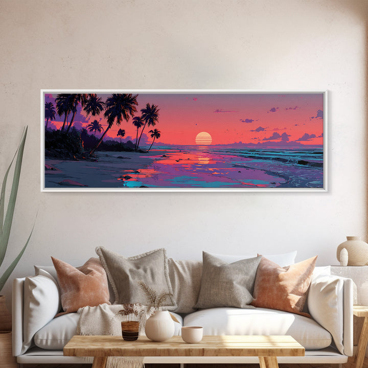 Pink Tropical Island Sunset With Palms Canvas Print, Beach Wall Art, Coastal Home Decor, Ocean Poster, Summer Gift For Her