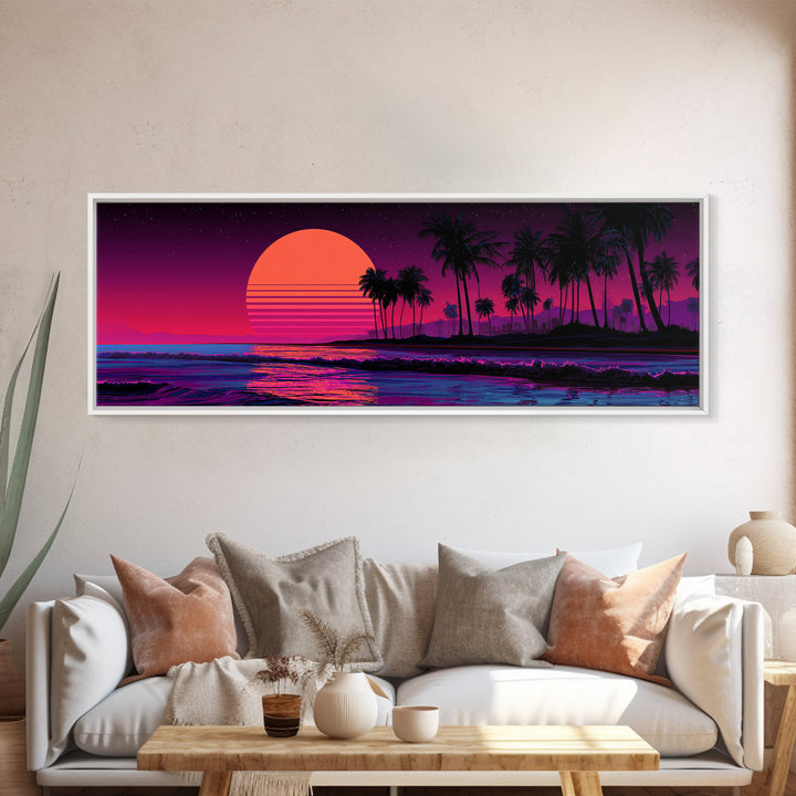 Neon Tropical Palm Sunset Canvas Print, Retro Beach Wall Art, Synthwave Coastal Decor, Vibrant Living Room Poster, Dopamine Decor Gift