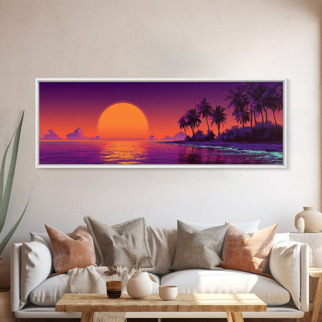 Retro Tropical Sunset Beach Island Wall Art, Purple Ocean Canvas Print, Palm Tree Vaporwave Decor, Coastal Summer Gift For Her