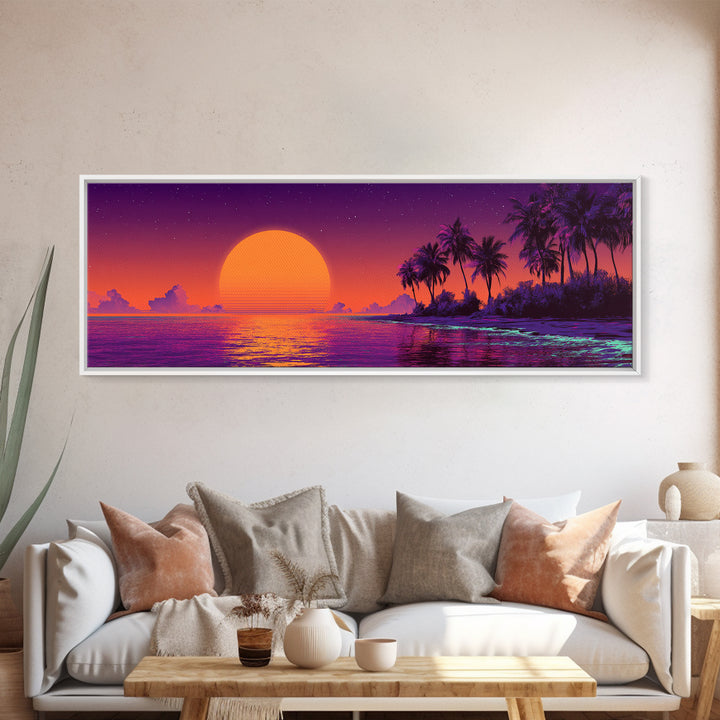 Retro Tropical Sunset Beach Island Wall Art, Purple Ocean Canvas Print, Palm Tree Vaporwave Decor, Coastal Summer Gift For Her