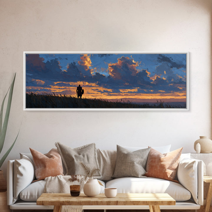 Dramatic Lone Figure Under Fiery Clouds Wall Art, Moody Sunset Landscape Canvas Print, Rustic Nature Decor, Gift For Him Or Her