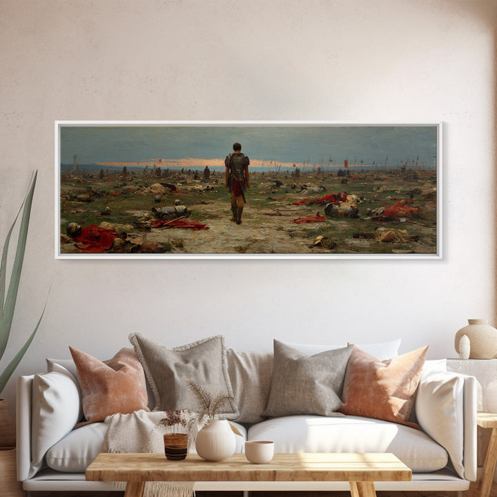 Lone Soldier Crossing Battlefield Wall Art, Panoramic Historical Landscape Canvas Print, Masculine Office Living Room Decor