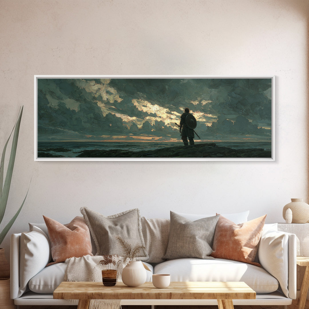 Lone Shield Warrior Under Stormy Coastal Sky Wall Art, Moody Seascape Landscape Print, Masculine Office Decor Gift For Him